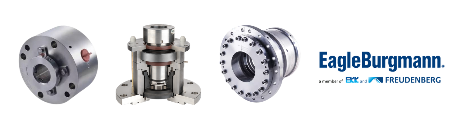 EagleBurgmann stainless steel cartridge mechanical seal, a cutaway agitator seal assembly, a large bolted compressor seal, and the EagleBurgmann logo, a member of EKK and Freudenberg